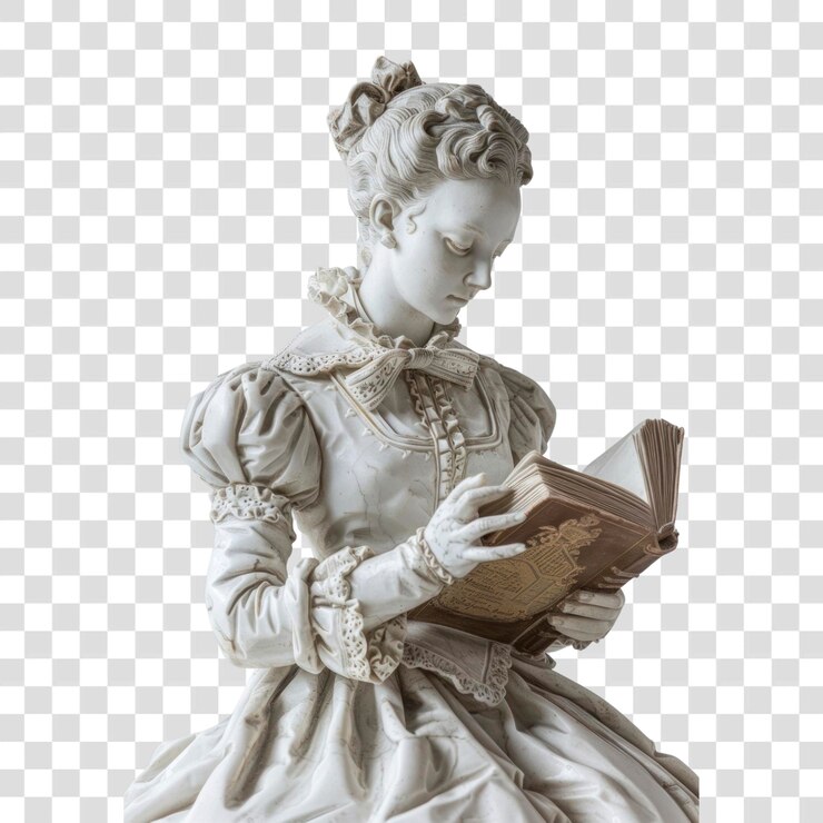 PSD png dama barroca com uma estátua de livro roupa de rosto de senhora