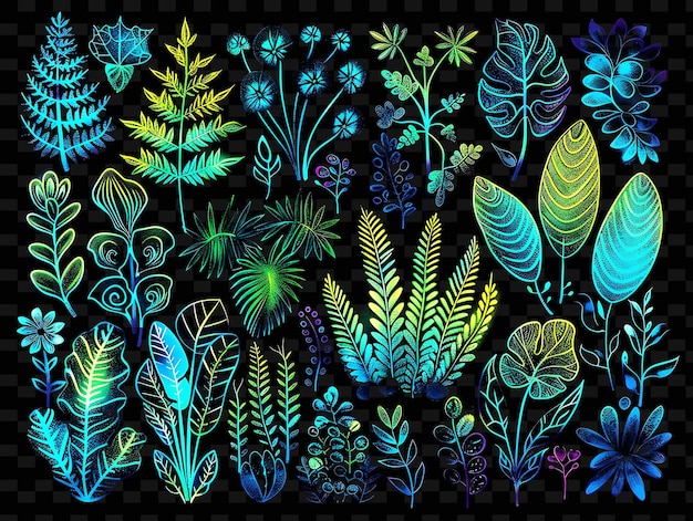 PSD png decalque de cinta bioluminescente con plantas y animales brillantes o decorativo de forma creativa de neón y2k