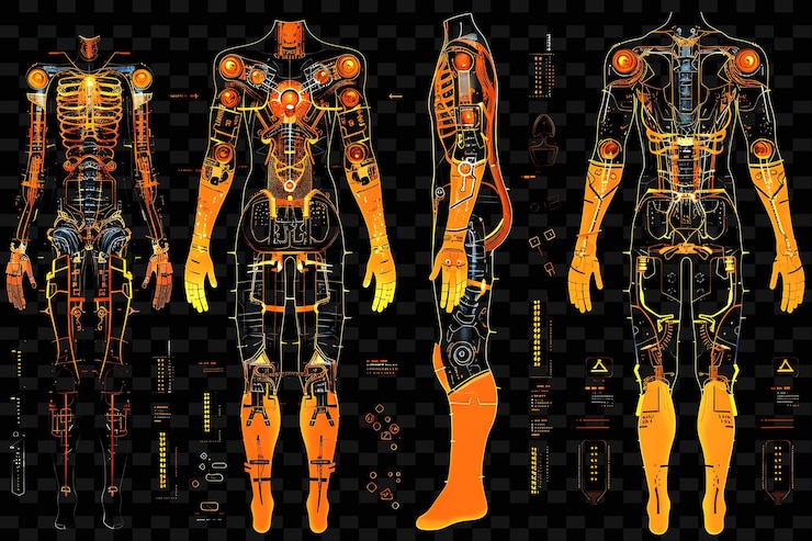 PSD png decalque de cinta estrecha con extremidades robóticas y engranajes mecánicos i creative neon y2k shape decorativen