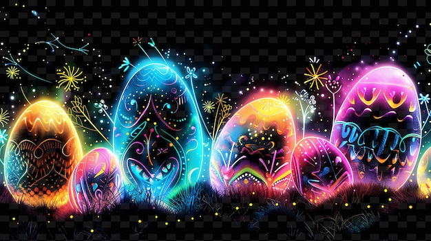 PSD png decalque de páscoa com ilustrações de ovos e com brilhante neon criativo decorativo de forma y2k