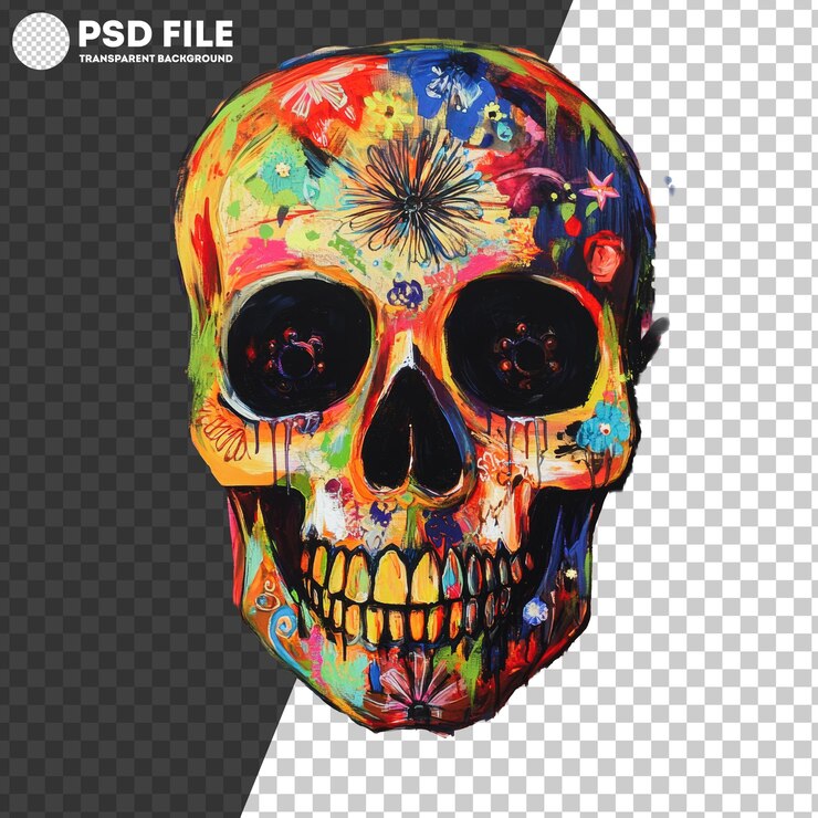 PSD png decorazione colorata di cranio con motivi floreali su uno sfondo bianco