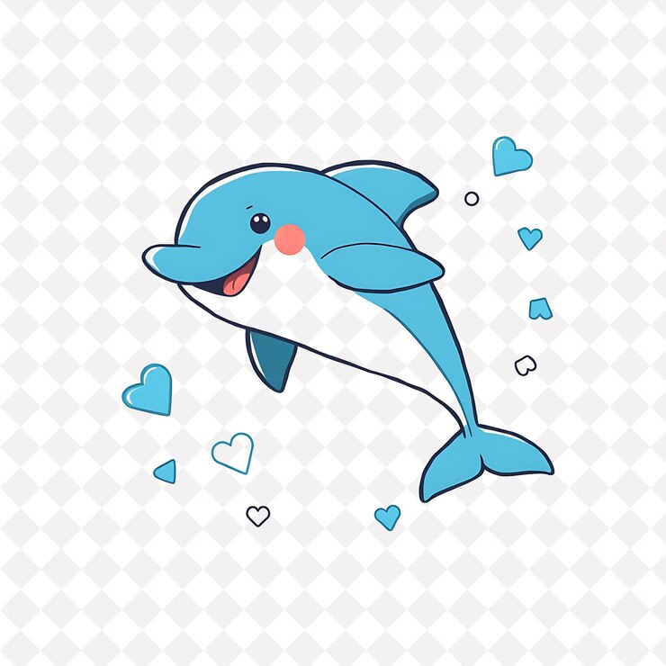 PSD png delfín alegre con formas saltadoras colocadas al azar juguetón y feliz diseño de animales azules y lindos