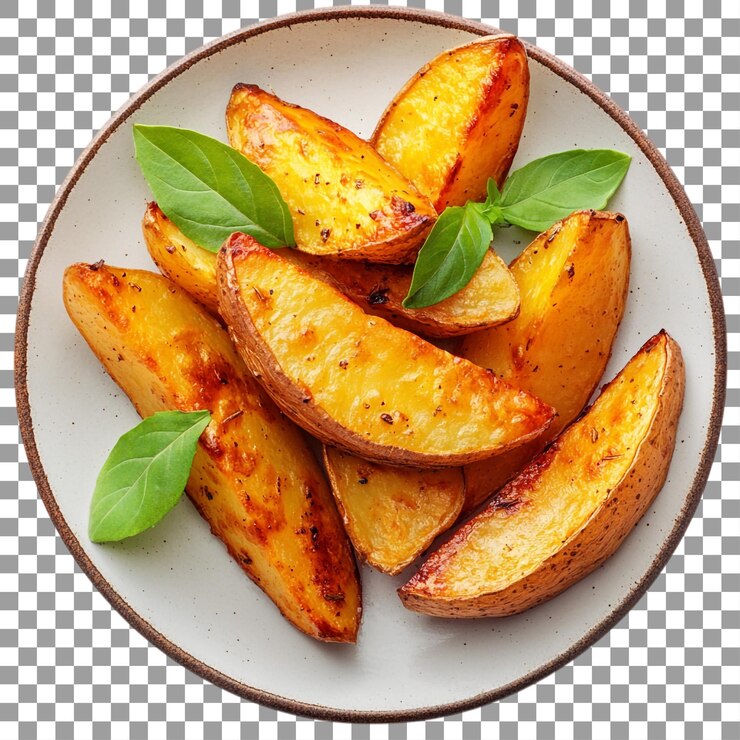 PSD png deliciosas cuñas de patatas doradas en el plato contra un fondo transparente para ilustraciones de alimentos, diseños de menús o promociones culinarias