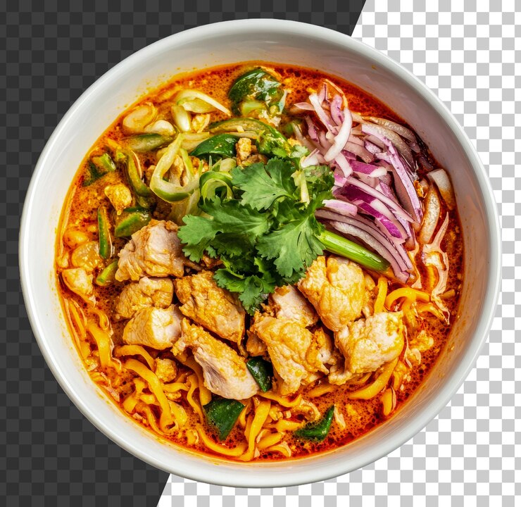 PSD png delicioso cuenco de fideos de pollo con curry con hierbas