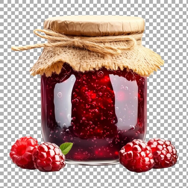 PSD png delicious homemade berry jam in glass jar against transparent background