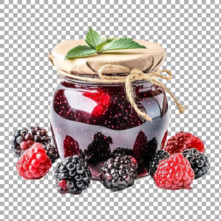 PSD png delicious homemade berry jam in glass jar against transparent background