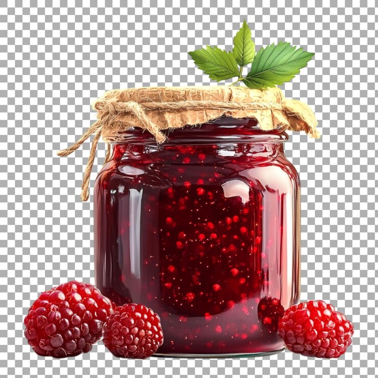 PSD png delicious homemade berry jam in glass jar against transparent background