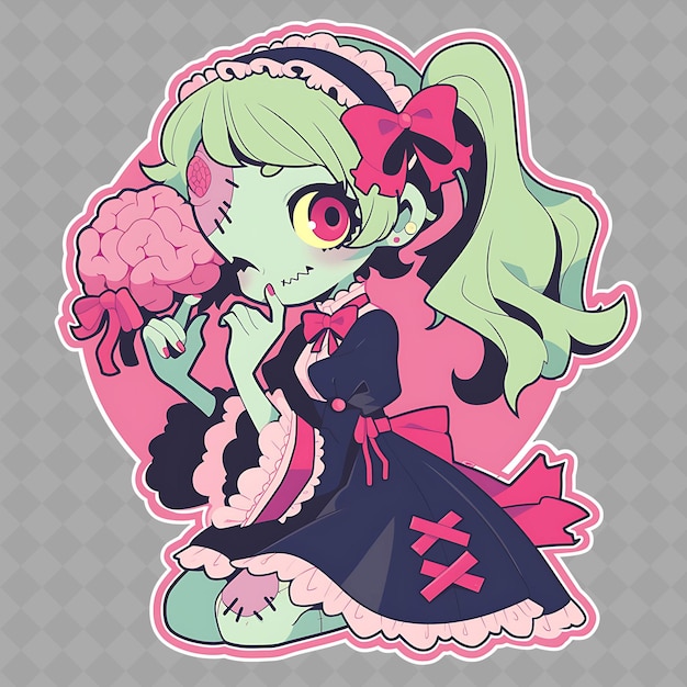 PSD png delightful y kawaii anime chica zombie con brazos de zombi y colección creativa de pegatinas chibi