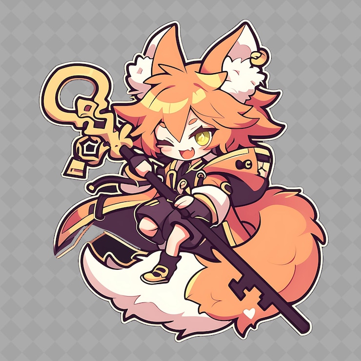 PSD png delightful y kawaii anime fox boy con cola de zorro y holdin colección de pegatinas creativas de chibi