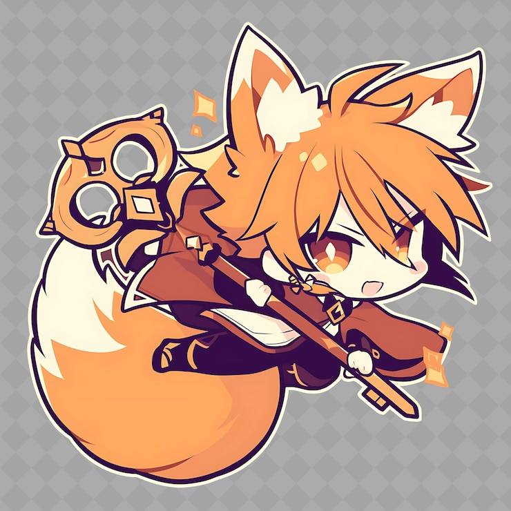 PSD png delightful y kawaii anime fox boy con cola de zorro y holdin colección de pegatinas creativas de chibi