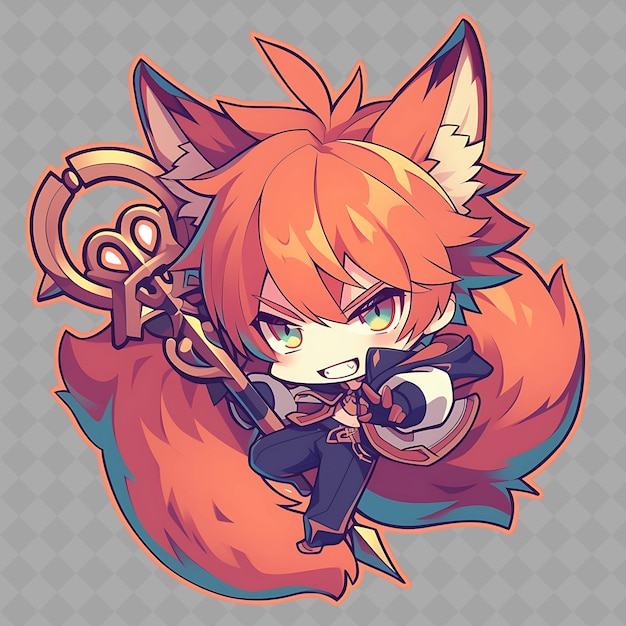 PSD png delightful et kawaii anime fox boy avec la queue de renard et la collection d'autocollants chibi créatifs de holdin