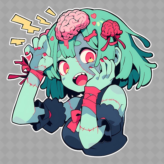 PSD png delightful et kawaii anime zombie girl avec des bras de zombie et une collection créative d'autocollants chibi