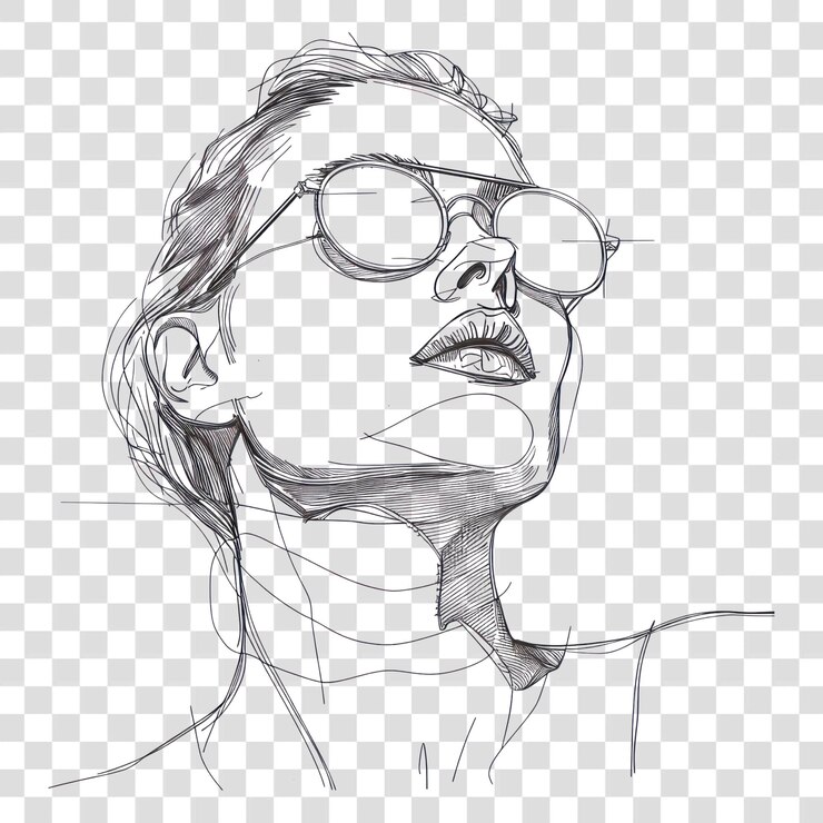 PSD png desenhado à mão de mulher usando óculos de sol desenhando um esboço minimalista