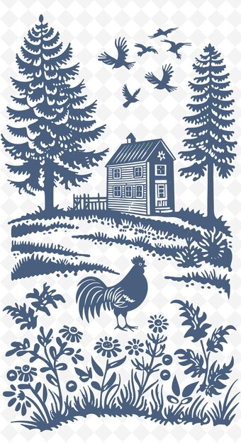 PSD png desenho de cartão postal de campo com moldura de casa de fazenda estilo de desenho artes de contorno scribble decorativo