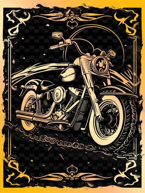 PSD png desenho de cartão postal de motocicleta com moldura arredondada design de estilo deco outline arts scribble decorative