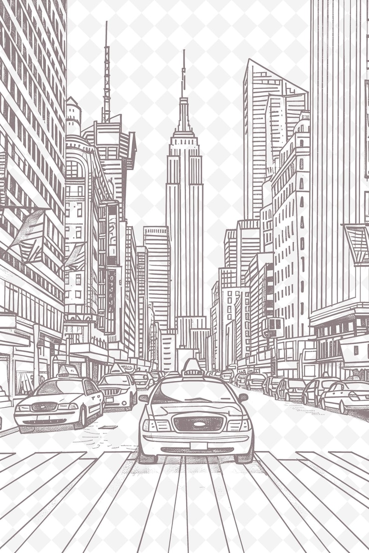 PSD png desenho de cartão postal de paisagem urbana com moldura urbana design de estilo deco outline arts scribble decorative