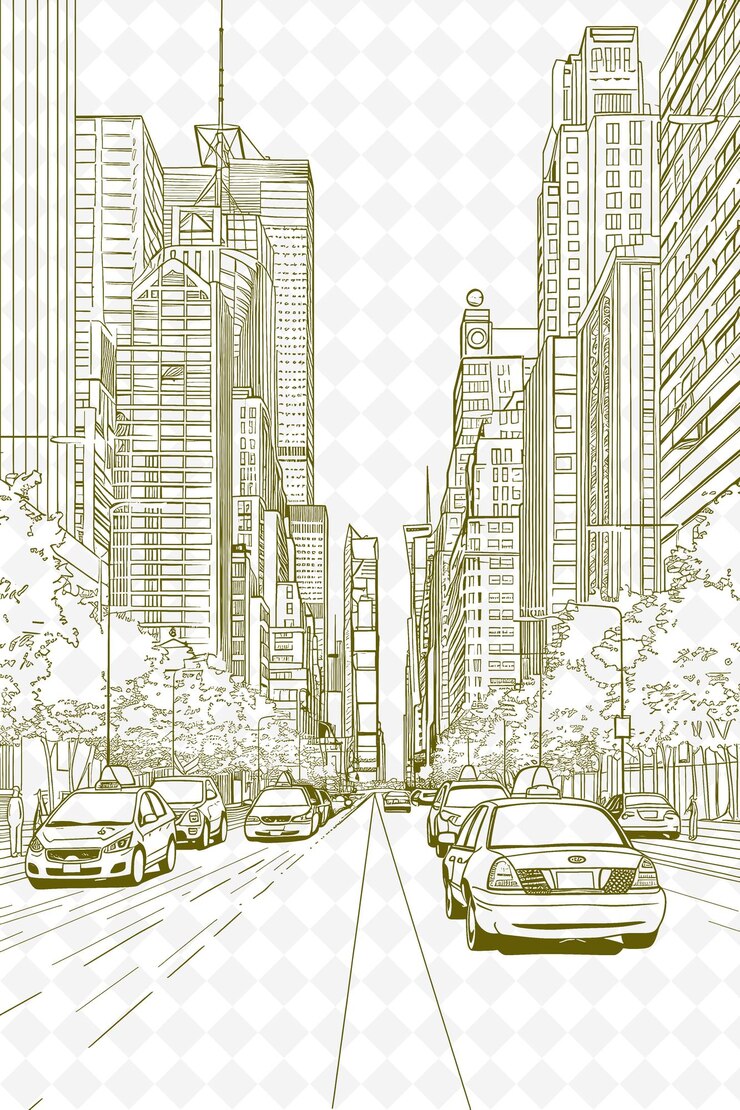 PSD png desenho de cartão postal de paisagem urbana com moldura urbana design de estilo deco outline arts scribble decorative