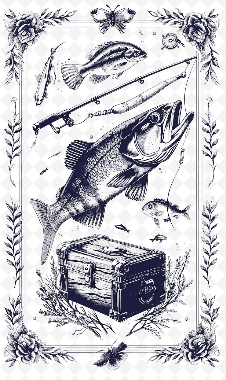 PSD png desenho de cartão postal de pesca com moldura rústica estilo de design decoração outline arts scribble decorativo