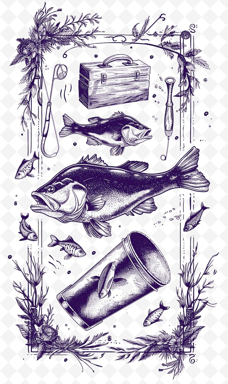 PSD png desenho de cartão postal de pesca com moldura rústica estilo de design decoração outline arts scribble decorativo