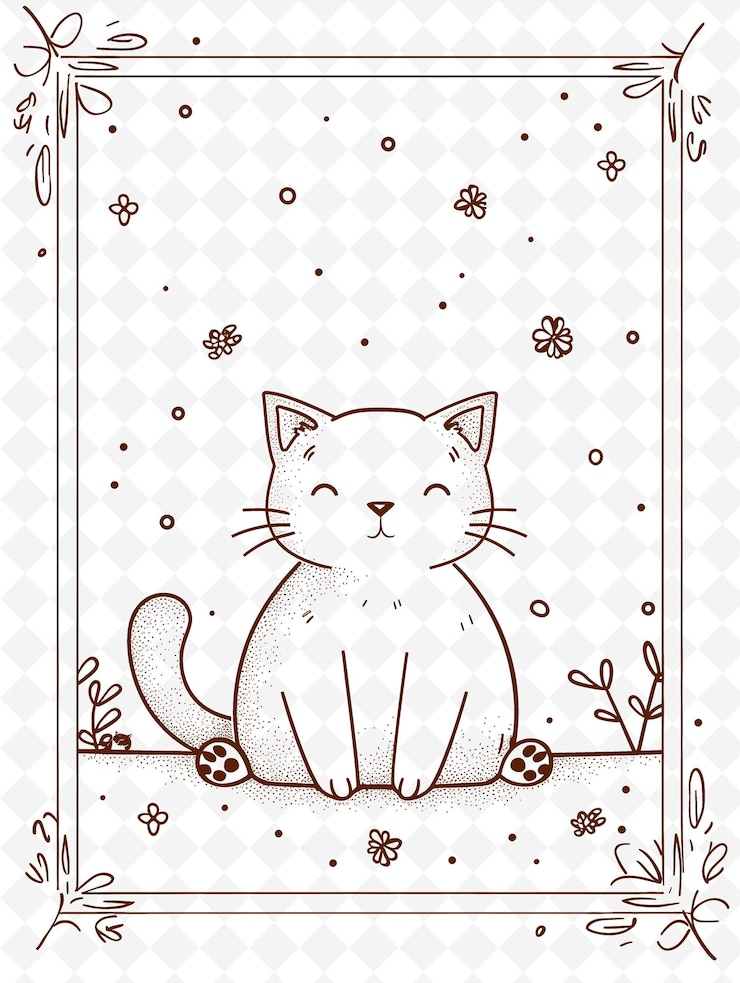 PSD png design de cartão postal animal com moldura caprichosa design de estilo de decoração outline arts scribble decorative