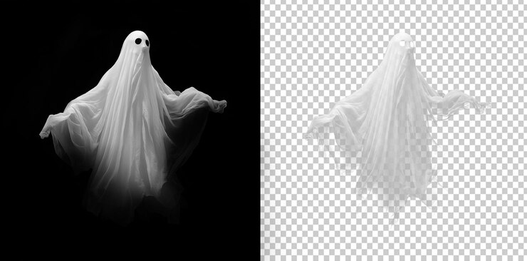 PSD png dettagliato di white ghost su sfondo trasparente adatto per grafiche creative di halloween e progetti digitali a tema