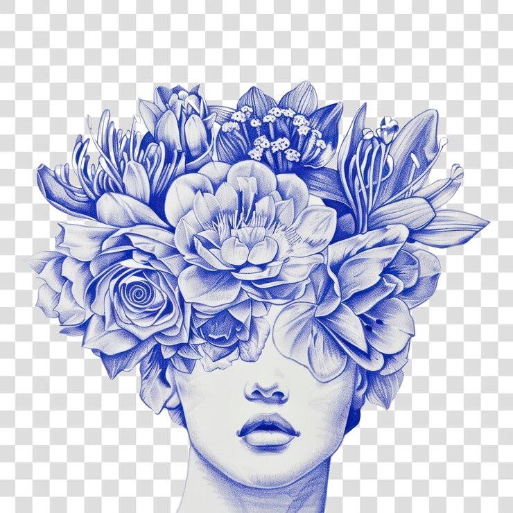 PSD png disegno vintage donna fiori sopra la testa schizzo blu adulto