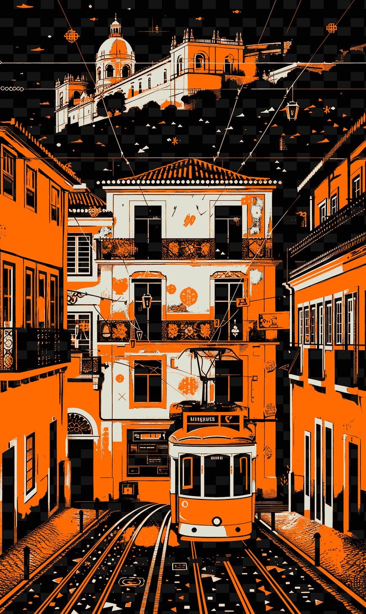 PSD png distrito de alfama de lisboa com cena de rua tradicional azulej ilustração cidades escena decoração artística