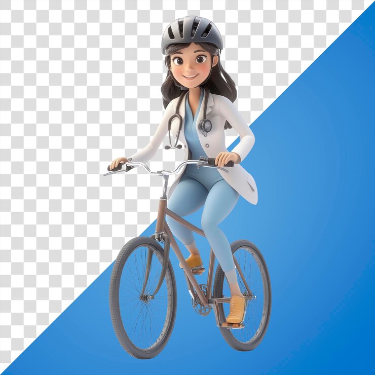 PSD png doctora femenina personaje de dibujos animados de bicicleta