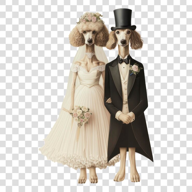 PSD png dois cães poodle trajes vestindo vestidos de noiva e noivo ilustração casamento vintage