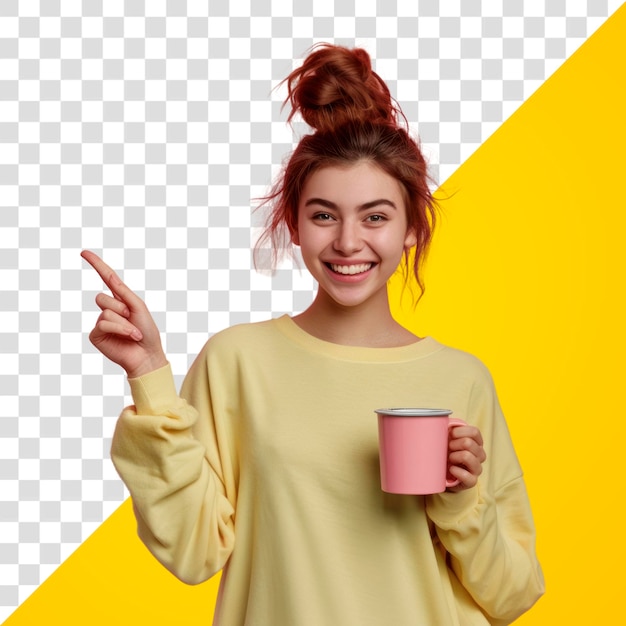 PNG Donna sorridente con una tazza rosa