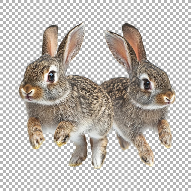 PSD png dos conejos corriendo hacia la cámara en un fondo transparente