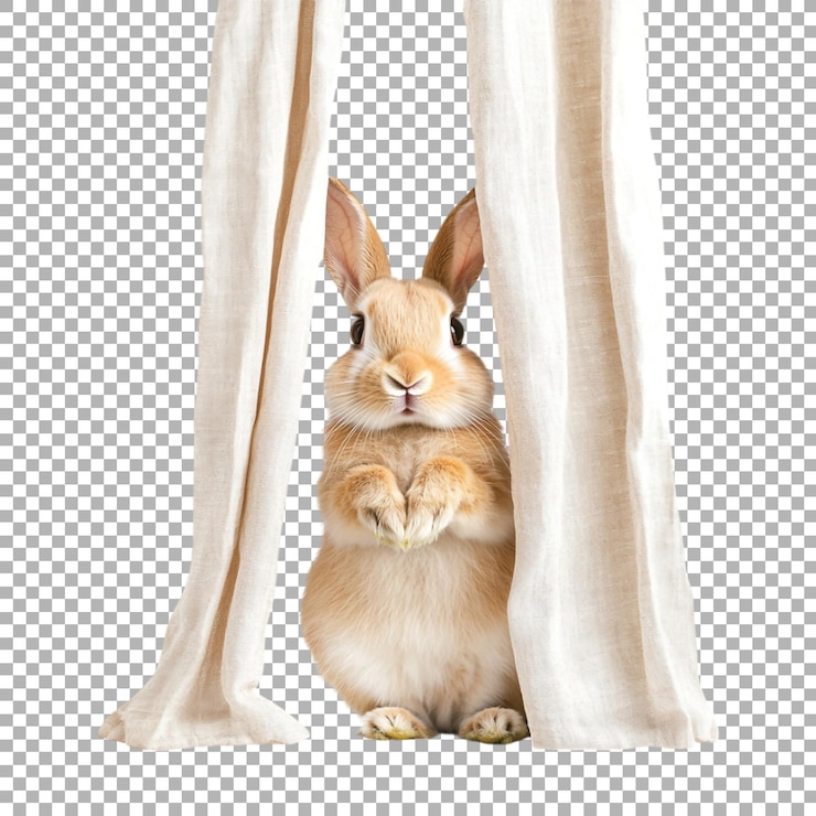 PSD png dos conejos mirando a través de las cortinas en un fondo transparente