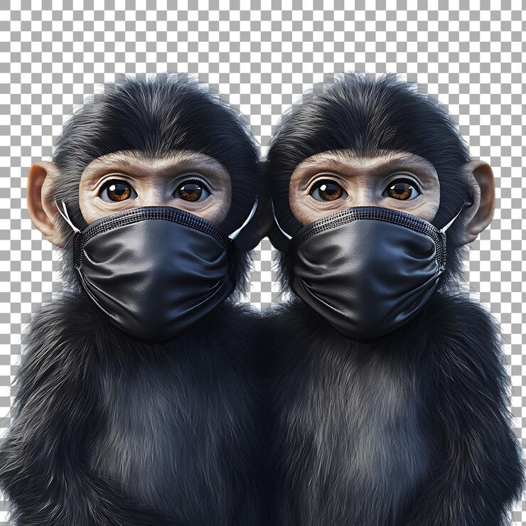 PSD png dos monos lindos con máscaras contra un fondo transparente