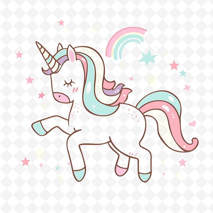 PSD png douce licorne avec des formes d'arc-en-ciel éparpillées comme de la magie mesme illustration plate personnage mignon