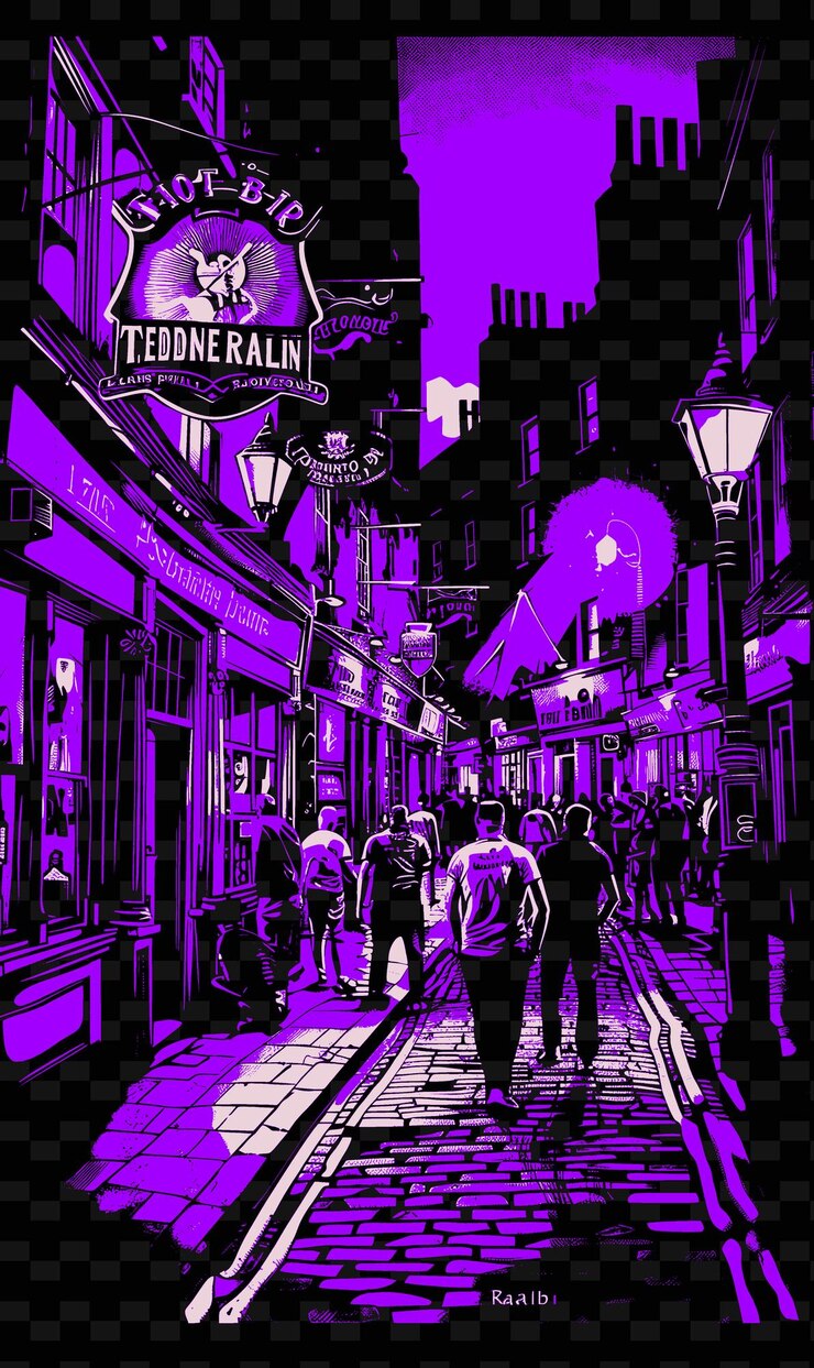 PSD png dublins temple bar con vibrante scena stradale pubs musica dal vivo illustrazione cittas scena decorazione artistica