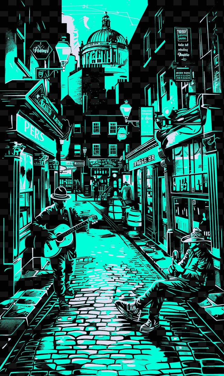 PSD png dublins temple bar con vibrante escena callejera y ilustración georgiana ar scene art decor de la ciudad