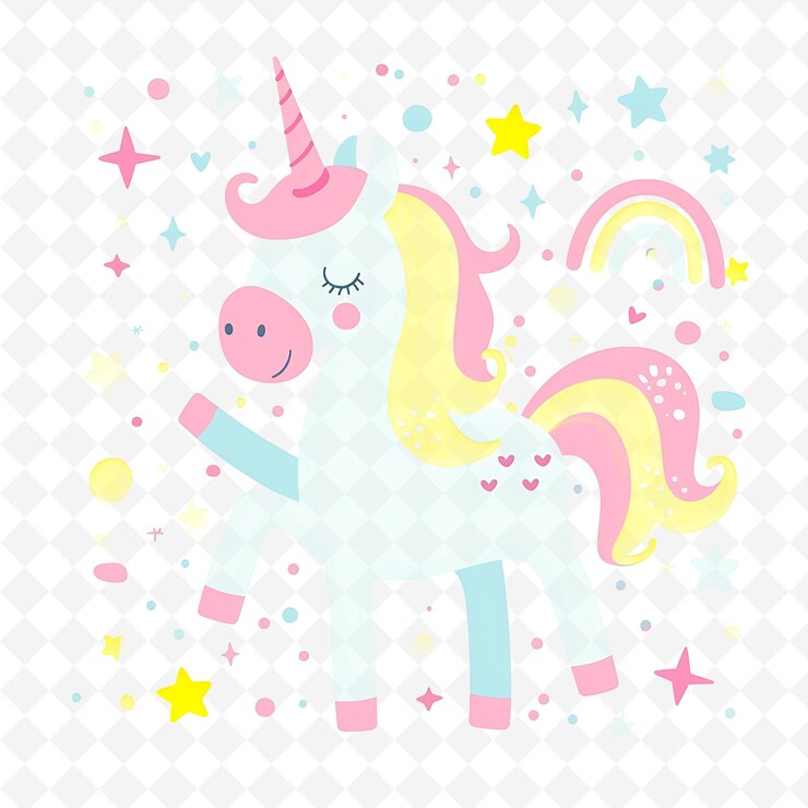 PSD png dulce unicornio con formas de arco iris esparcidas como magia mesme ilustración plana personaje lindo