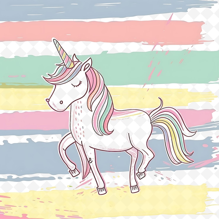 PSD png dulce unicornio con rayas de arco iris salpicadas en el fondo ilustración plana carácter lindo
