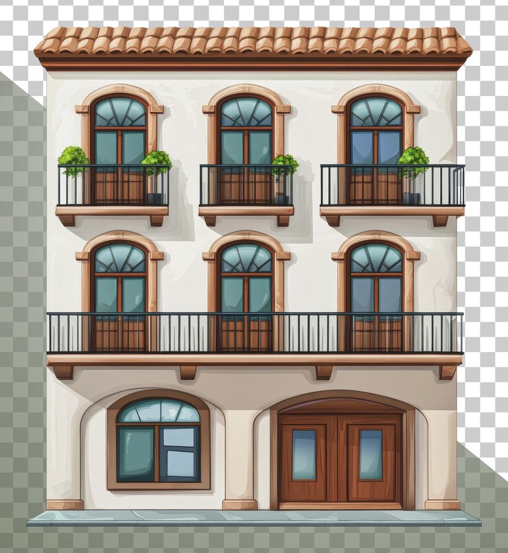 PSD png edifício encantador e ensolarado com varandas