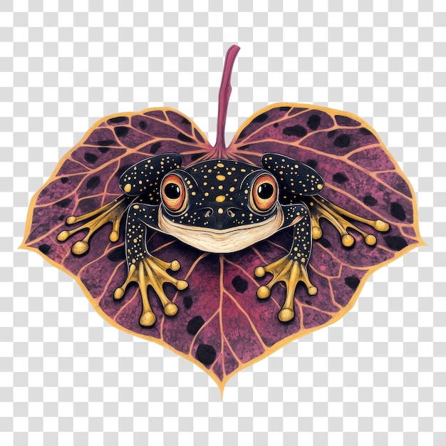 PNG Ein Frosch auf einem Cica-Blatt Illustration Amphibien farbenfroh