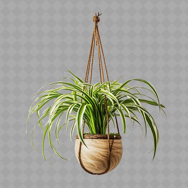 PSD png eine spinnenpflanze in einem aufhängenden topf aus kokosnussfasern mit tropischem innenbaum auf sauberem hintergrund