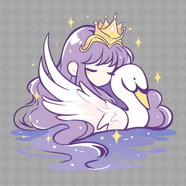 Png elegant y kawaii anime chica cisne con una corona con una colección de pegatinas chibi creativas para nadar