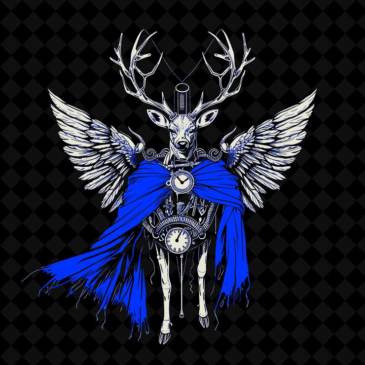 PSD png elegante ciervo con un cuerno de reloj y alas mecánicas dr mascota de animales colecciones de esquemas