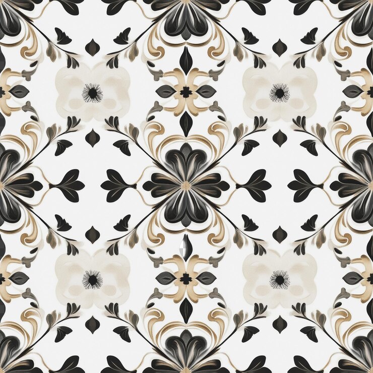 PSD png elegante patrón floral en tonos negro y beige