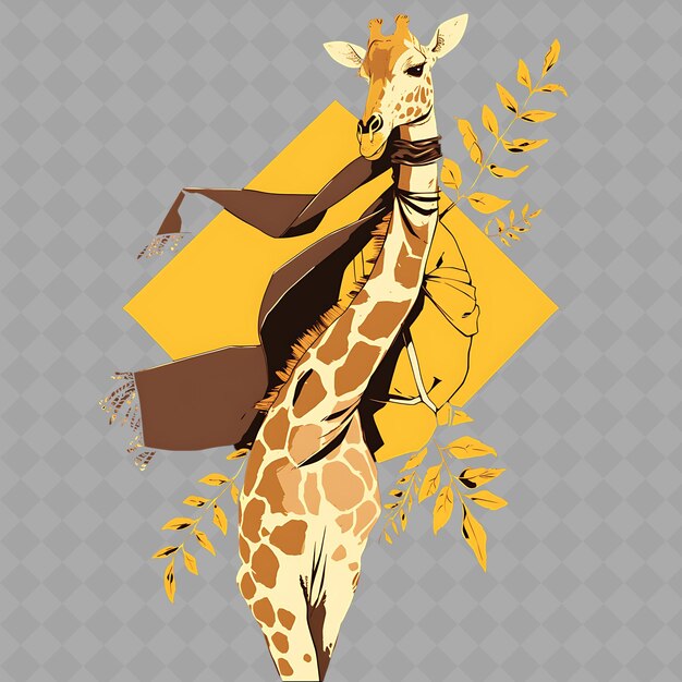 PSD png elegante y refinada chica girafa de anime con un cuello largo y colección creativa de pegatinas chibi