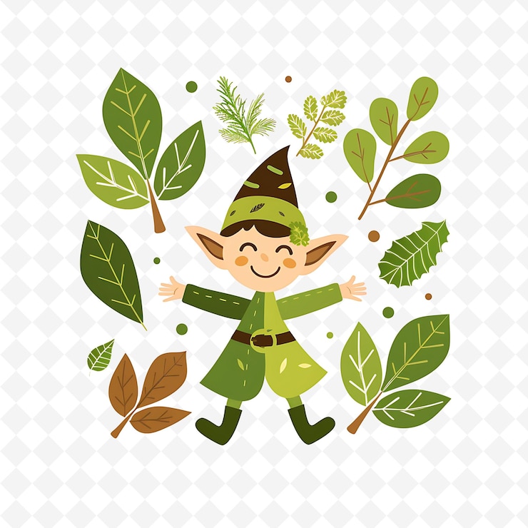 PSD png elfo juguetón con formas de hojas colocadas al azar bosque verde una ilustración plana característico