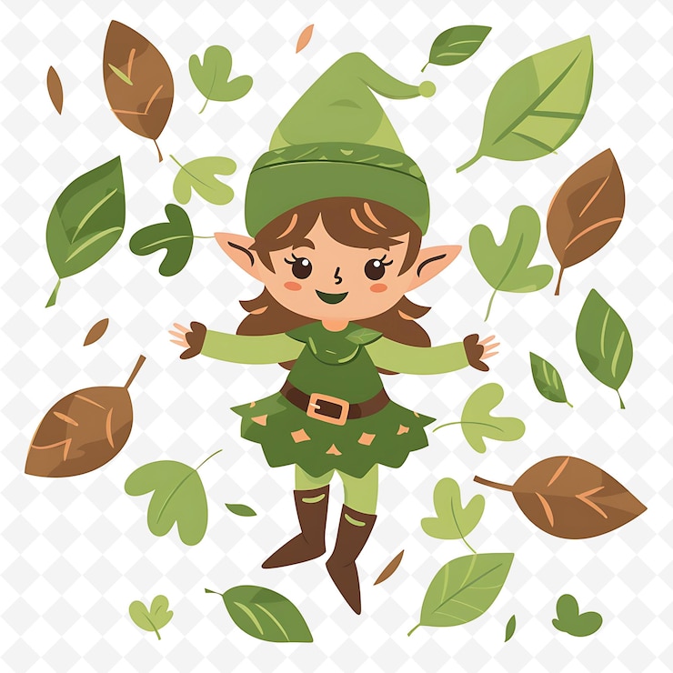 PSD png elfo juguetón con formas de hojas colocadas al azar bosque verde una ilustración plana característico