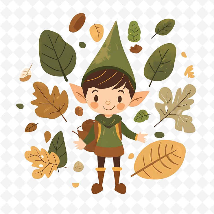 PSD png elfo juguetón con formas de hojas colocadas al azar bosque verde una ilustración plana característico