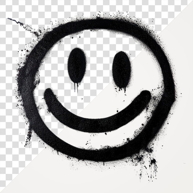 PSD png emoticon de rosto sorridente graffiti spray preto e branco