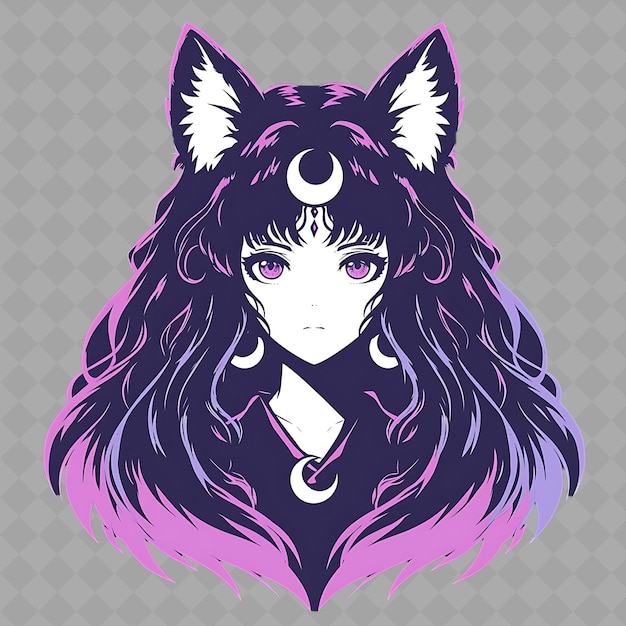 PSD png encantador y místico anime niña lobo con orejas de lobo y una colección creativa de pegatinas chibi